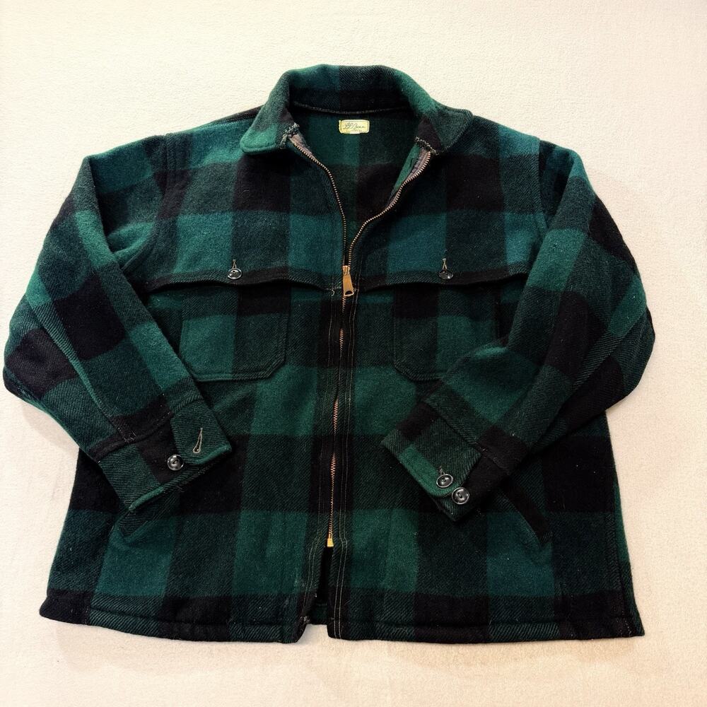 Vintage LL Bean Mackinaw Cruiser Wool Jacket 46 Green Black Buffalo Plaid